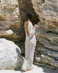 Black Knitted Sexy Backless Slim Long Sleeve Maxi Dress WHITE / S