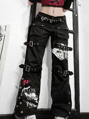 Buckle Strap Printed Cargo Jeans Cargo Jeans