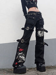 Buckle Strap Printed Cargo Jeans Cargo Jeans