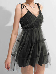 Y2K Gothic Patchwork Mesh Tie Strap Mini Dress Black / S Mini Dresses