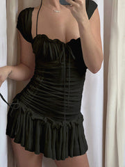 Lace Up Ruffle Halter Mini Dress Black / S Mini Dresses