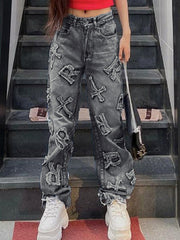 Letter Patch Faded Boyfriend Jeans Grey / S Boyfriend Jeans