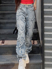 Letter Patch Faded Boyfriend Jeans Boyfriend Jeans