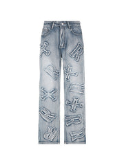 Letter Patch Faded Boyfriend Jeans Boyfriend Jeans