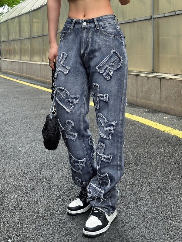 Letter Patch Faded Boyfriend Jeans Boyfriend Jeans