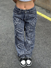 Letter Patch Faded Boyfriend Jeans Boyfriend Jeans