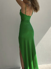 Cowl Neck Split Satin Maxi Dress Maxi Dresses