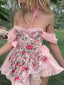 Patchwork Ruffle Bardot Floral Mini Dress Pink / S Mini Dresses
