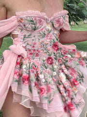 Patchwork Ruffle Bardot Floral Mini Dress Mini Dresses