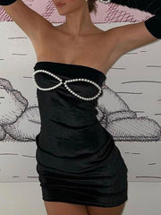 Sleeve Cover Faux Pearl Strapless Velvet Mini Dress Black / S Mini Dresses