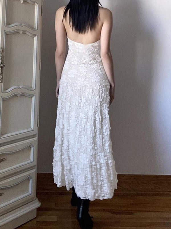 White Floral Lace Halter Maxi Dress Maxi Dresses