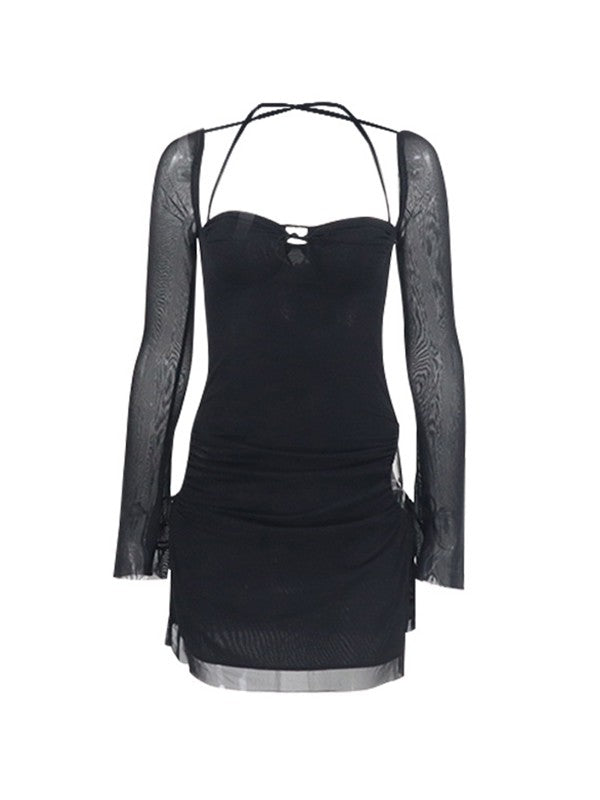 Mesh Tie Strap Halter Long Sleeve Mini Dress Mini Dresses