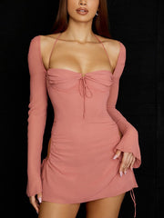 Mesh Tie Strap Halter Long Sleeve Mini Dress Pink / S Mini Dresses