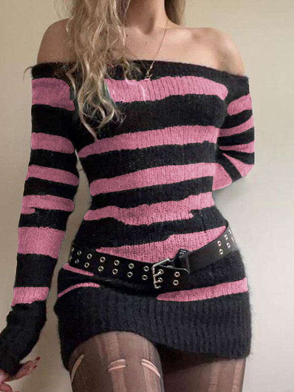 Off Shoulder Striped Knitted Mini Dress Mini Dresses