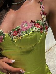 Embroidered Floral Green Satin Mini Dress Mini Dresses