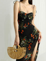Tie Strap Slit Black Maxi Dress Black / S Maxi Dresses