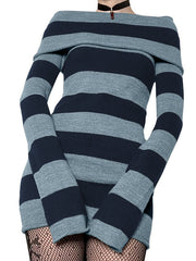 Off Shoulder Long Sleeve Striped Knit Mini Dress Mini Dresses
