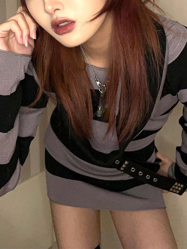 Off Shoulder Long Sleeve Striped Knit Mini Dress Mini Dresses