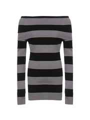 Off Shoulder Long Sleeve Striped Knit Mini Dress Mini Dresses