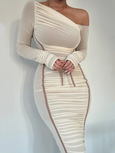 Diagonal Collar Mesh Backless Ruched Bodycon Long Midi Dress White / S