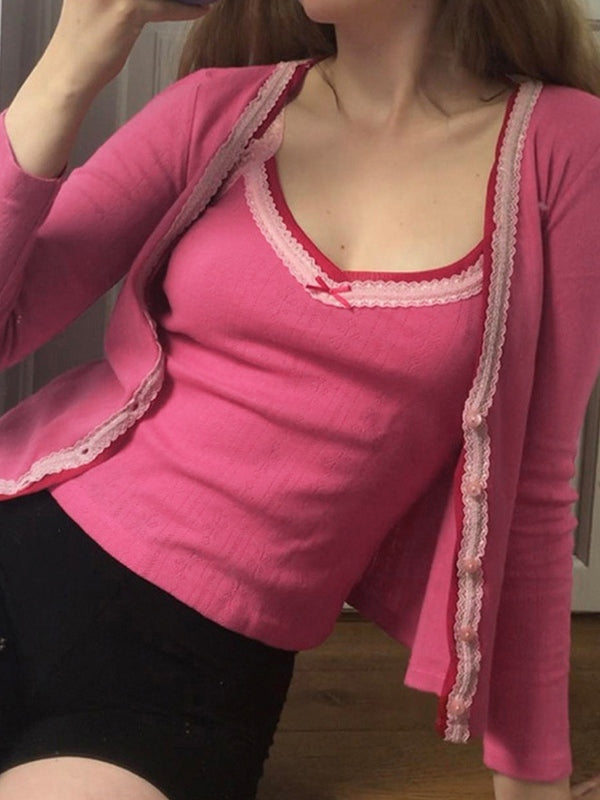 Lace Trim Ribbed Cami Top & Cardigan Set Beetroot Purple / S Two Piece Outfits