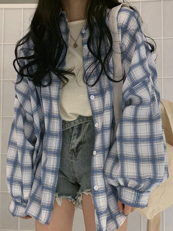 Checkered Puff Sleeve Button Blouse Blue / S Long Sleeves