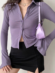 Polo Neck Long Sleeve Rib Blouse Long Sleeves