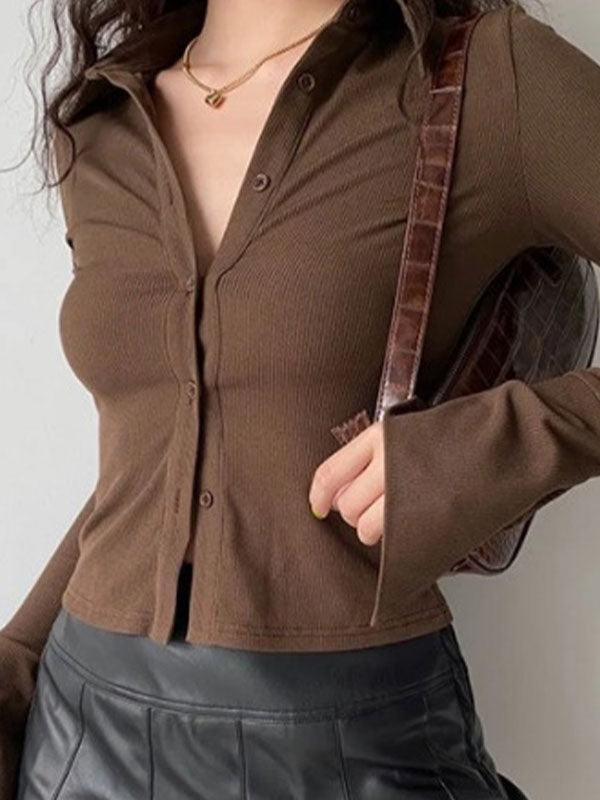 Polo Neck Long Sleeve Rib Blouse Long Sleeves