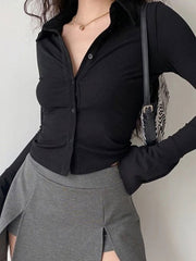 Polo Neck Long Sleeve Rib Blouse Long Sleeves