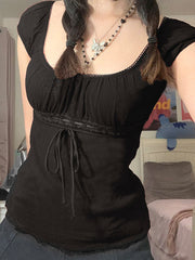 Vintage Tie Front Lace Trim Blouse Short Sleeves