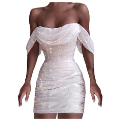 Fall For Women 2024 Sexy Off Shoulder Ruched Glitter Sparkly Sequin Straight Bodycon Slim White Prom Dress White / L