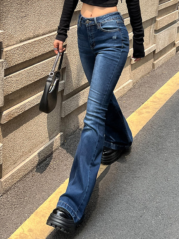 Blue Wash Distressed Stretch Flare Jeans Flare Jeans