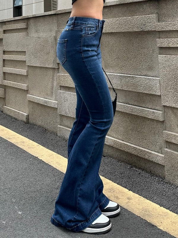 Blue Wash Distressed Stretch Flare Jeans Flare Jeans