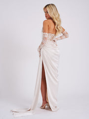 Callie Pearl White Lace Graceful Satin Corset High Slit Gown XL / US 12 14 Gowns