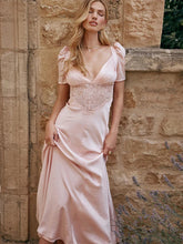Autumn Long Elegant Pink Maxi V Neck Formal Occasion Puff Sleeve Lace Dress