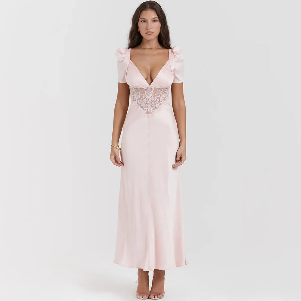 Autumn Long Elegant Pink Maxi V Neck Formal Occasion Puff Sleeve Lace Dress