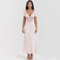Autumn Long Elegant Pink Maxi V Neck Formal Occasion Puff Sleeve Lace Dress