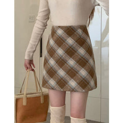 Plus Size Wool Plaid High Waist Christmas Skirt