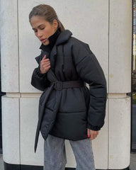 Tie Waist Cotton V-Neck Puffer Jacket