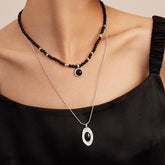 Long Black Agate Bead Statement Necklace