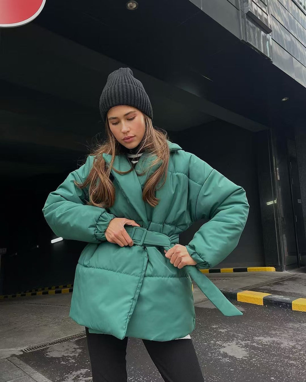 Tie Waist Cotton V-Neck Puffer Jacket S / Green