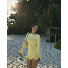 Solid Long Sleeve Crew Neck Ruffled Fitted Waist Sweater Dress