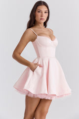 Satin Sweetheart Lace Trim Tulle Mini Dress