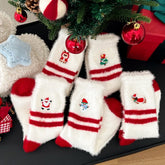 Thick Plush Embroidered Red Mid Calf Christmas Socks