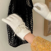 Pearl Bow Knot Winter Wool Furry Thickened Warm Soft Y2K Lolita Cosplay Christmas Gloves Gloves-L
