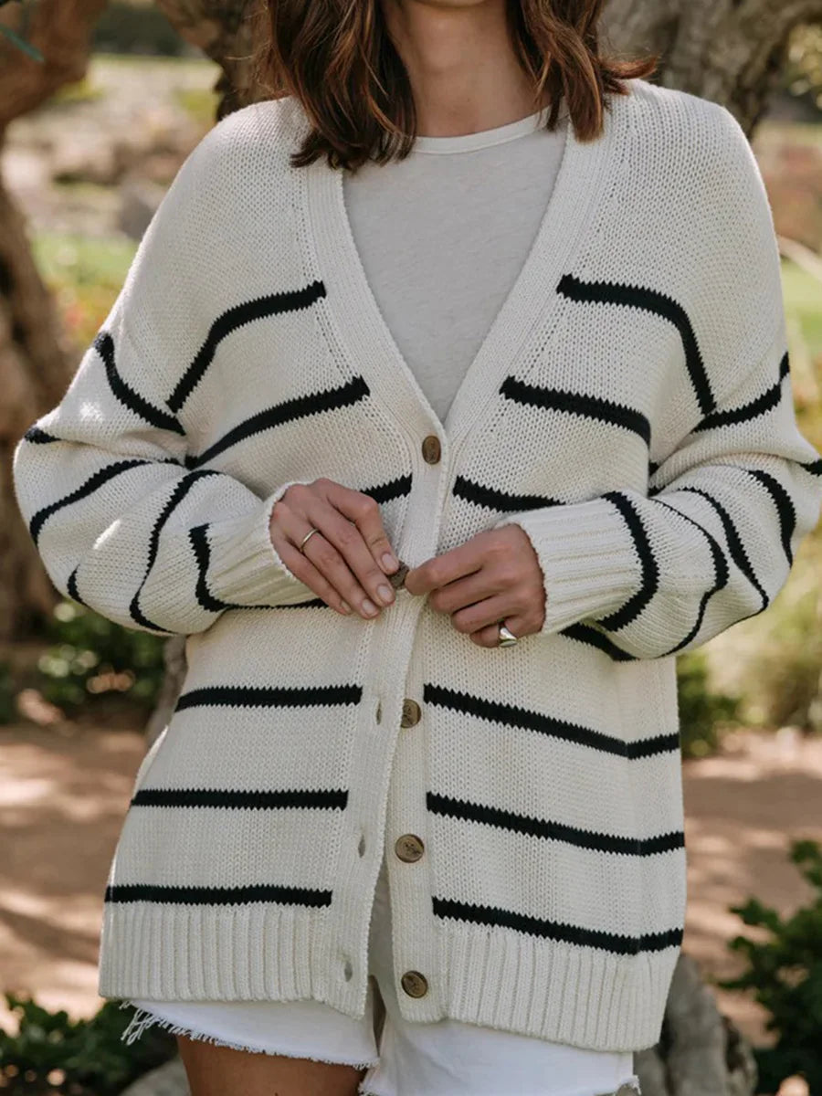 Striped V Neck Knit Cardigan