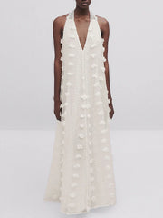 Halter Floral Mesh Patchwork Boho Dress White / S