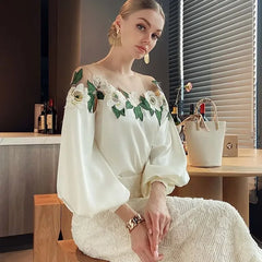 Summer Long Mesh Satin Embroidered Blouse