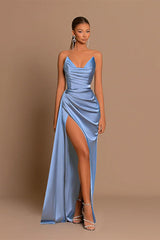 Satin Deep V Corset Slit Formal Dress XS / Blue