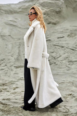 Long Notched Lapel Belted Rabbit Faux Fur Overcoat